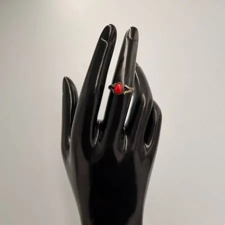 Vintage Silver Tone Red Coral Cabochon Ring Size 6.5