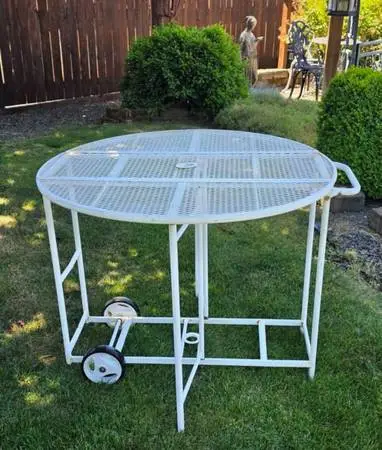 Vintage White Metal Patio Table Fold Down Sides w/Wheels