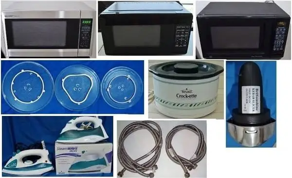 Microwaves+turntables; cordless slicer, crockpot; Rival irons