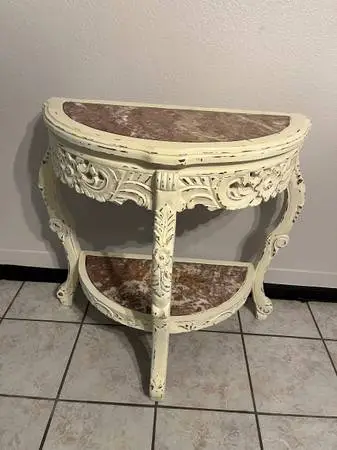 Solid Carved Wood Half-Moon Console Table w/ Real Marble Top & Shelf –