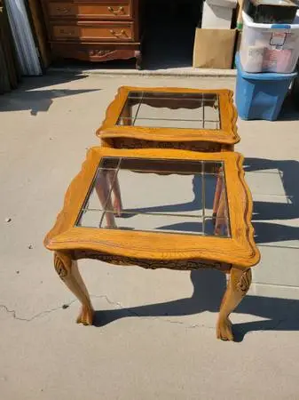 2 solid oak end tables with glass inserts for sale
