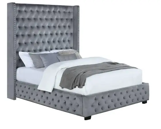 Rocori Grey Velvet King Wingback Tufted Bed 306075KE