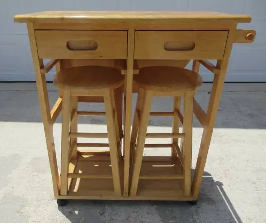Round Space Saver Drop Leaf Table With 2 Stools, Locking Wheels