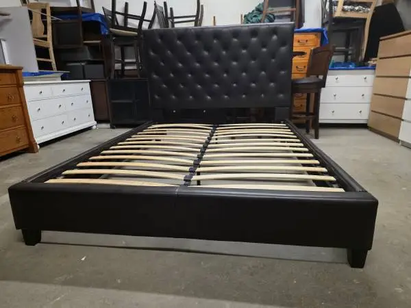 Dark Brown Leather Tufted Queen Size Platform Bed Frame