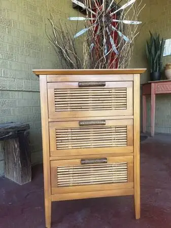 Vintage Wood & Rattan 3-Drawer Stand / End Table / Night Stand