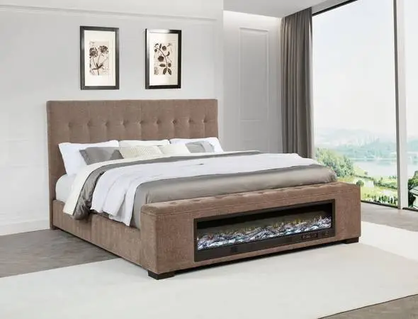 *Modern Upholstered Queen Bed with Flame Box Insert*