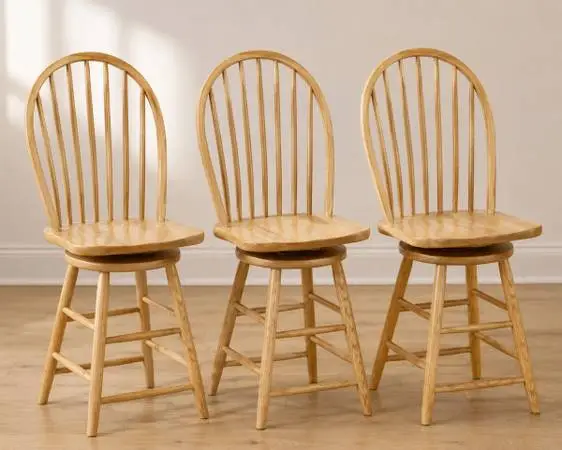 Set of 3 Solid Wood Swivel Bar Stools – Light Oak Windsor Style