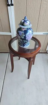 SMALL SOLID WOOD TABLE WITH GLASS TOP, FIRM PRICE, READ DESCRIPTION