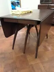 p**wishbone  table, enamel top, wooden, seforim shank, book cases