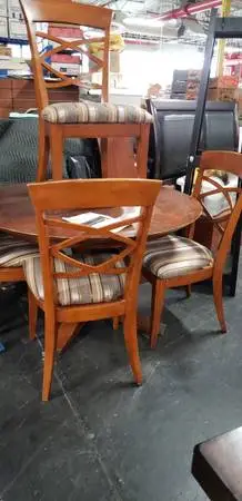 Wooden Round Table & 4 Newly Uphostered Chairs