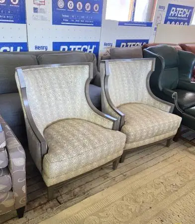 Pair of 2 Ethan Allen Corrine Wingback Club Chairs Gray Upholstered