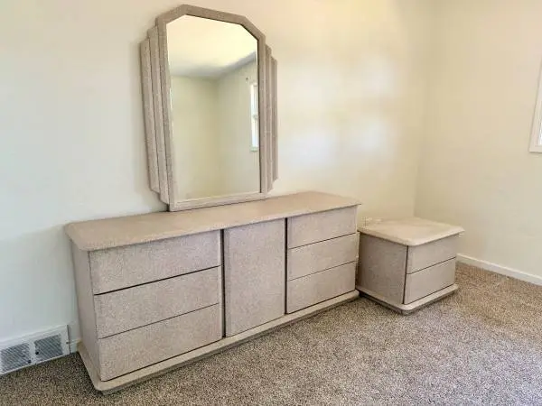 Vintage Postmodern Bedroom Set, 72” Dresser, Mirror & Nightstand - $300