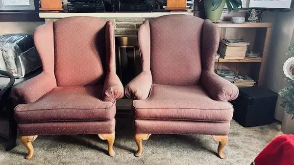 Pair Vintage-High-Back Winged Chairs