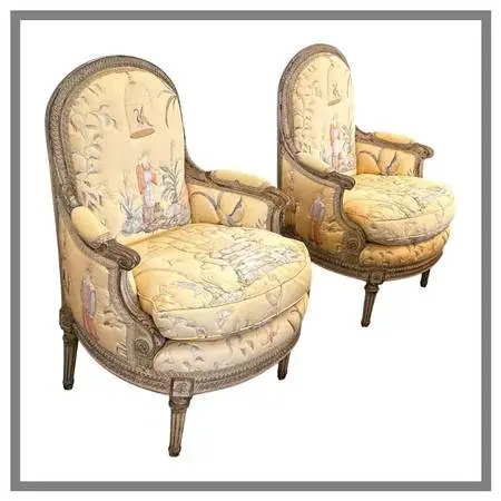 19th Century Delmar Chinoiserie Printed Bergere Chairs, Pair