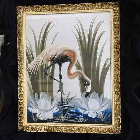 c1948 Pink Flamingo real painting signed orig M Devoe perfect 22”x 16”