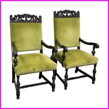 Antique Carved Wood Couples Armchairs, Pair