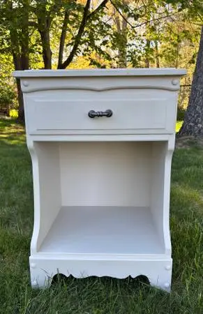 Charming vintage nightstand just refinished in a soft beige matte