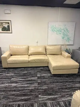 Pottery Barn Genuine Tan Leather Chaise Sofa – Premium Condition