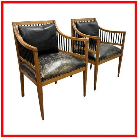 Austrian Biedermeier Cherry Wood + Leather Arm Chairs, Pair. Estimated