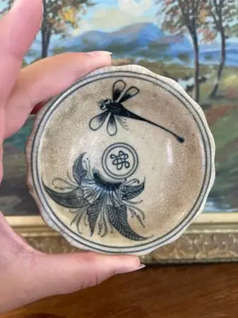 Vintage Vietnamese Ceramic Tea Bowl with Hand-Painted Dragonfly.
