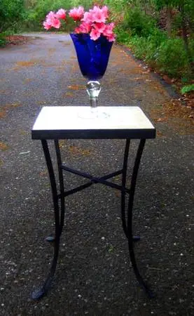 Tile Top Wrought Iron Table + Cobalt Blue Crystal Glass Goblet Vase