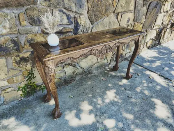 Smoke Glass Narrow Pecan Pretty Wood Grains Ball Claw Foot Console Entry Table