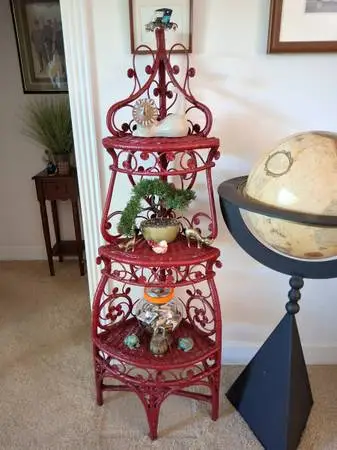Three Shelves ~ 1960s Red Wicker Corner 59.5 Shelf ~