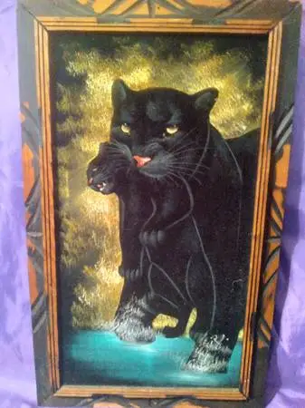Mid-Century Velvet Black Panther Carrying Cub in Mouth Signed Painting