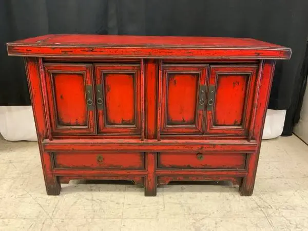 Antique Chinese red lacquered wood sideboard
