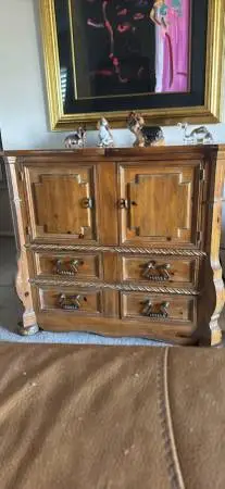 Henredon Rustic Pine Wood Armoire Chest With Rope Carving