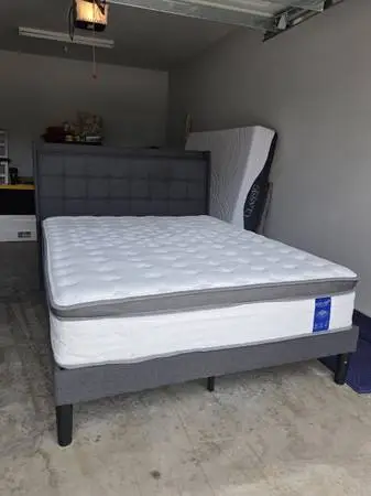 Dark Gray Queen Tufted Platform Bed with Built-In Charging Station & Queen Mattr
