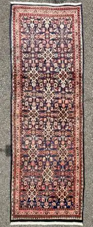 ANTIQUE PERSIAN MAHI HERATI HAND KNOTTED RUNNER, 3.5 x 10.6