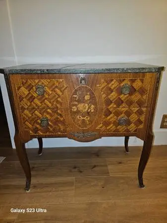 French Louis XV style Marquetry Commode with Marble Top