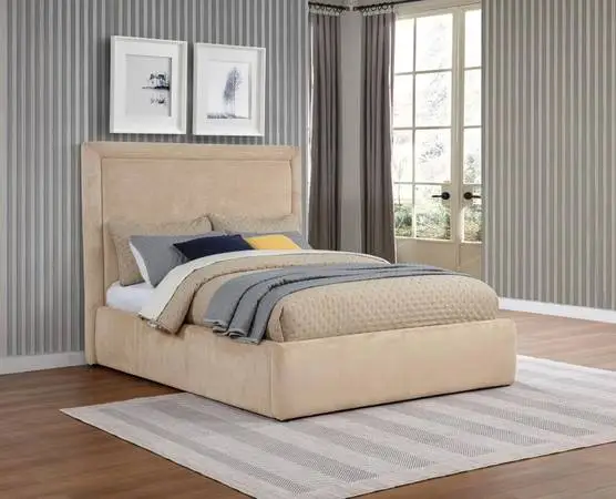 ~Modern Platform Full Bed Upholstered in a Light Color Fabric~
