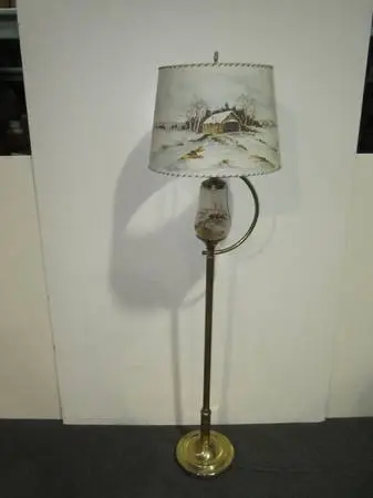 Mid Century brass double floor lamp hand painted covered bridge shade