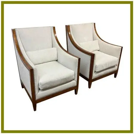 French Modernist Slope Arm Lounge Chairs, Pair. Estimated Price: $7,00