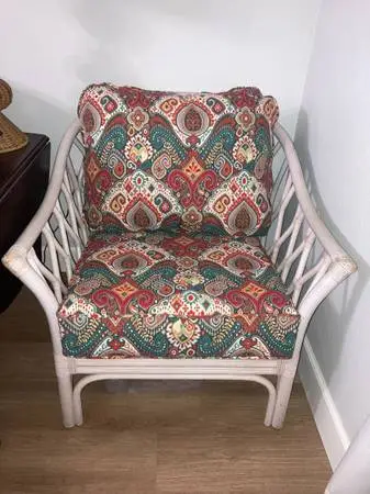Vintage, Rattan, 1970s Chair with NEW Colorful Cushions