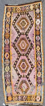 VINTAGE SIGNED, QASHQAI KILIM HAND KNOTTED RUNNER, 5.6 x 13.9