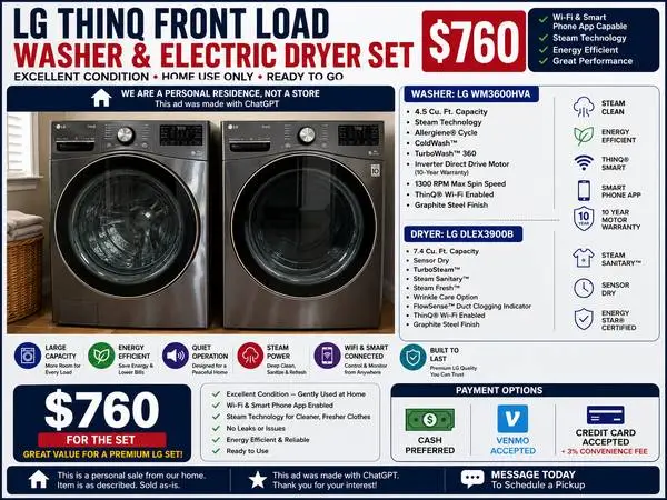 LG ThinQ Electric Washer & Dryer Set – Steam – Excellent Condition