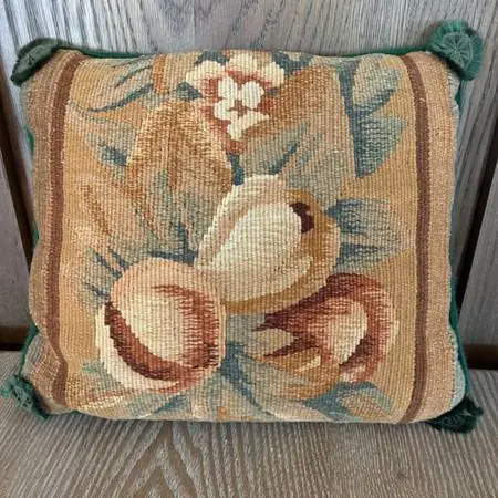 Vintage Hand Stitched Needlepoint Fruit Pillow W Green Velvet Back 12X