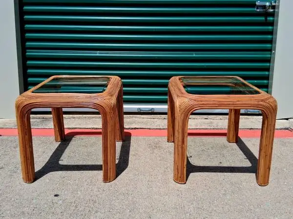 VINTAGE MCM MODERN 70s GABRIELLE CRESPI PENCIL REED RATTAN END TABLES