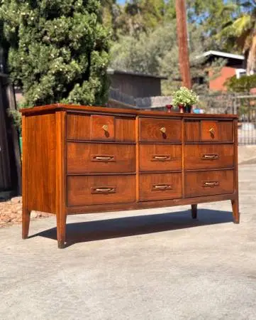Vintage Mid Century Modern Walnut Lowboy 9 Drawer Dresser