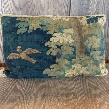 Vintage Woven Floral Tapestry Accent Pillow W Blue Cotton Velvet Back