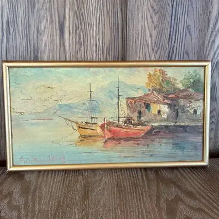 Vintage Harbor Scene - Signed- 17X1.5X9