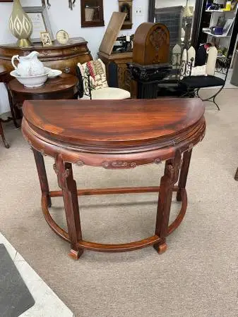 Vintage Solid Rosewood Semicircle Console Table, Half Round, Carved