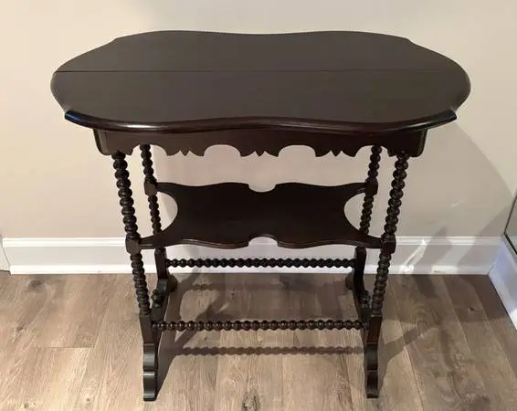 Antique 19th C. English Black Tea Table, Bobbin Turned Legs w/ Shelf