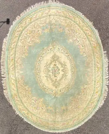 FRENCH STYLE AUBUSSON OVAL HAND KNOTTED RUG, 9.3 x 12.0