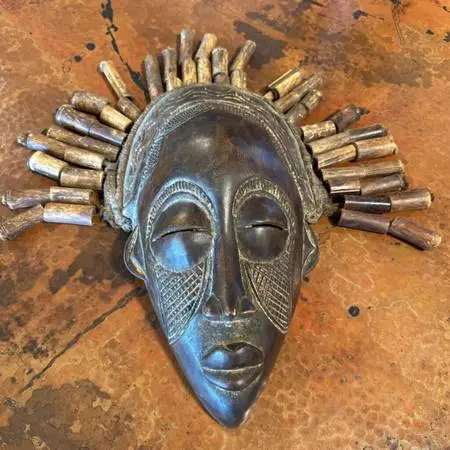 Carved Wood Aftrican Mask W/ Beads- 9X5X15H