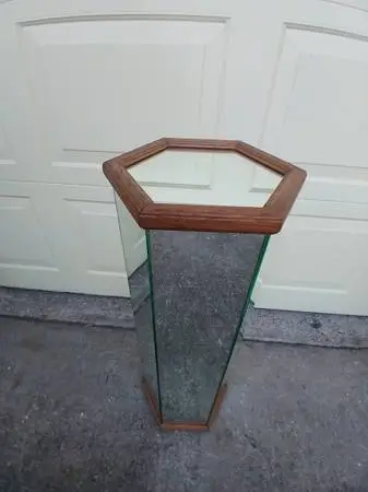 1970s Tall MCM Mirror & Oak Hexagon Pedestal / Table