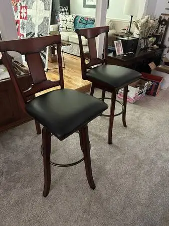 Two Wood and Leather Bar Stools